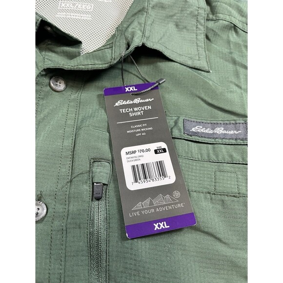 NWT Eddie Bauer Men's Relaxed Fit Short Sleeve Tech Woven Shirt Green Size XXL - Picture 5 of 9